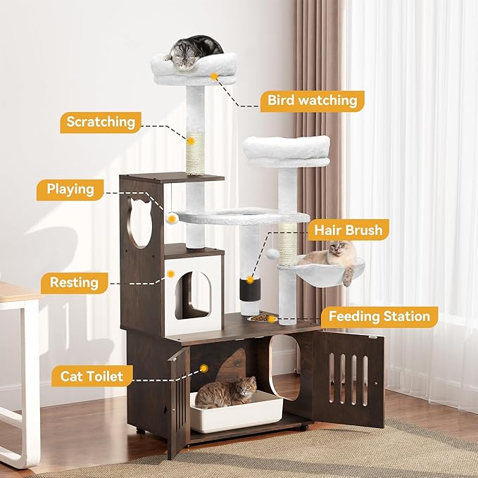 YITAHOME Cat Tree with Litter Box Enclosure, 2-in-1 Cat Furniture, Modern Cat Condo with Cat House, Perch, Food Station, Hammocks, Scratch Post, Hair Brush, 59 Inch, Rustic Brown
