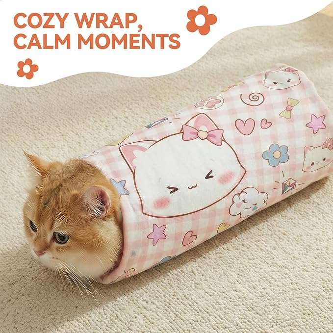 BFNN Cat Grooming Wrap for Cutting Nails, 31.5" Anti-Escape Calming Cat Swaddle Wrap for Medicine, Nail Clipping, Teeth Brushing, Ear Cleaning, Self-Adherent Burrito Restraint, (Happy Kitty, XL)
