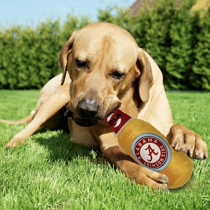 NCAA Alabama Crimson Tide Beer Bottle Plush Dog & CAT Squeak Toy- Cutest Stadium SODA Bottle Snack Plush Toy for Dogs & Cats with Inner Squeaker & Beautiful Football/Basketball Team Name/Logo