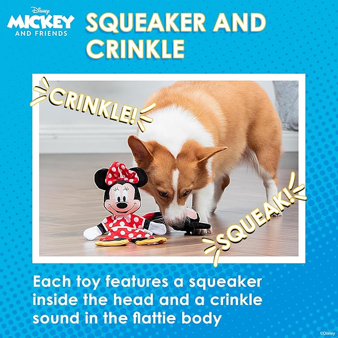 Disney for Pets Mickey & Minnie Mouse Plush Squeaker with Crinkle Flattie Body Dog Toy Set Dog Toys | Plush Squeaker Toy for Dogs Inspired by Mickey Mouse, 13.5in - 2 Pack