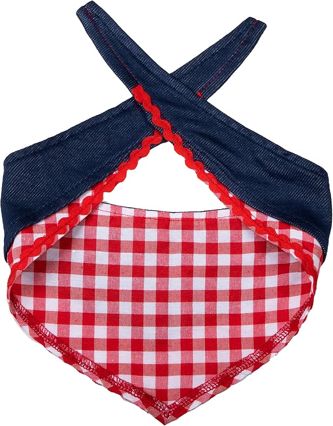 Doggy Parton Blue Printed Denim & Gingham Print Bandana for Pets, Medium/Large (22120720)