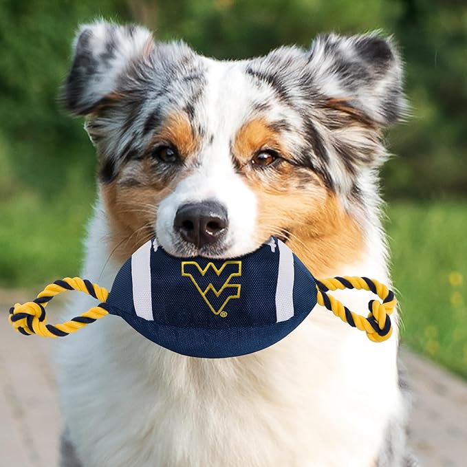 NCAA West Virginia Mountaineers Nylon Football Dog Toy, Tough Quality Nylon Materials, Strong Pull Ropes, Inner Squeaker, Collegiate Team Color