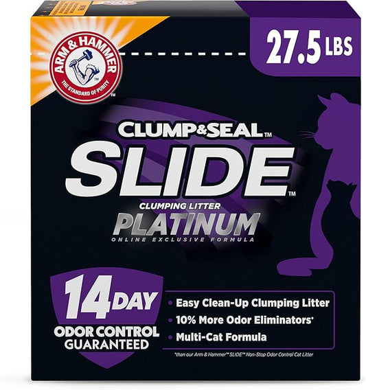 ARM & Hammer Clump & Seal Slide Platinum Multi-Cat Clumping Cat Litter, Easy Clean Technology with No Scrubbing, 14-Day Odor Control, 27.5 lbs
