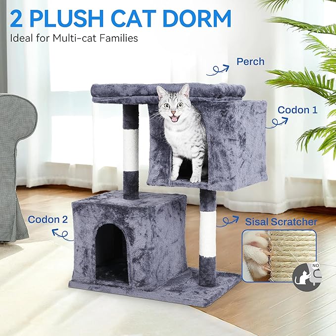 Cat Tree Tower 31 inch, 2 Plush Cat Condos, Cat Tree for Indoor Cats, Cat Scratching Post, Cat Post Scratcher with Perch, Small Cat Tower, Cat Furniture for Adult Cats, Grey