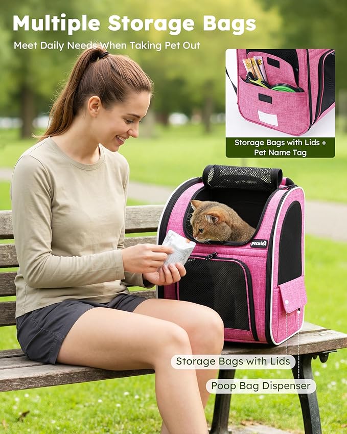 Pecute Cat Backpack Carrier Expandable, Pet Backpack for Cats & Small Dogs Up to 11lbs, with 4-Side Breathable Mesh, Multi-Entry & Lockable Zippers for Travel, Hiking, Camping - Hands Free, Pink