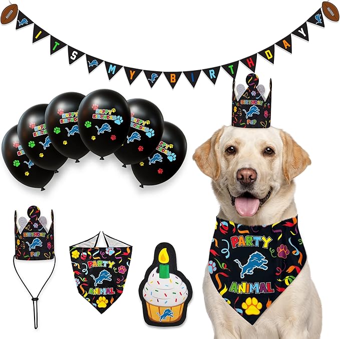 NFL Detroit Lions Dog Birthday Party Set 10pcs with 1 Football Bandana Large/X-Large, 1 Crown Hat, 1 Banner, 1 Birthday Cake Toy & 6 B-Day Balloons, Dog Birthday Set, Costume, Fun Doggie Pawty