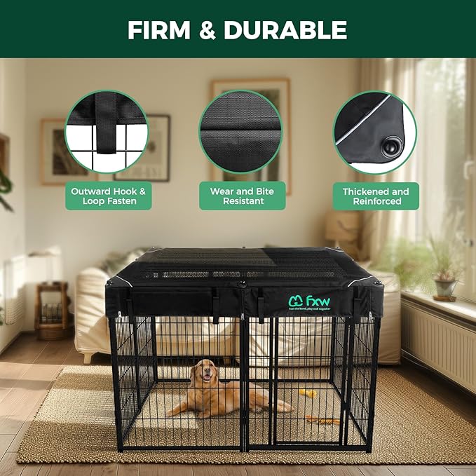 FXW Homeplus Indoor Dog Playpen with Square Mesh Top Cover for Escape Prevention, 40 Inch 8 Panels Heavy Duty Dog Pen for Medium and Large Dogs, Black│Patented
