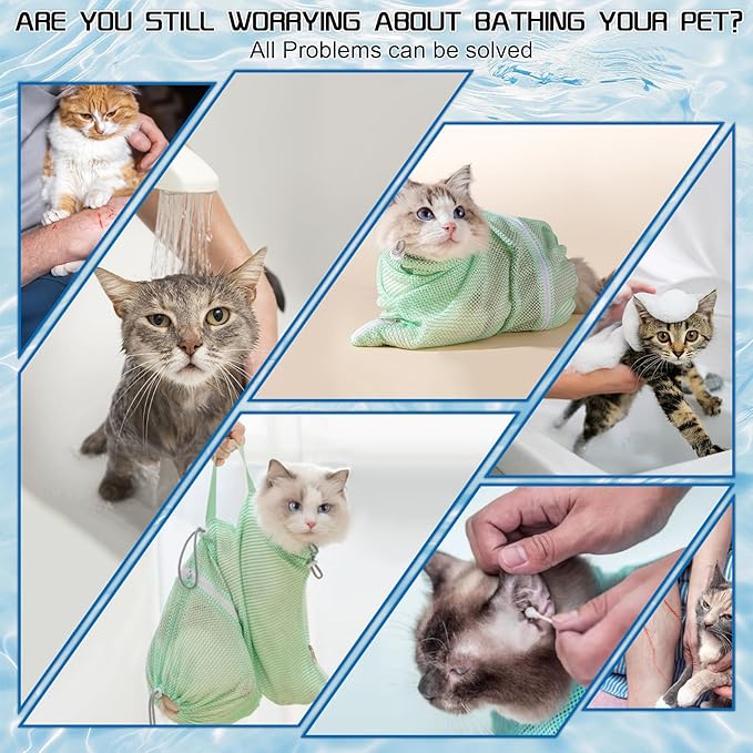 Cat Bathing Bag, Cat Shower Net Pet Bag, Cat Grooming Washer Mesh Bag, Adjustable Breathable Multifunctional Anti-Bite and Anti-Scratch Restraint Bag with Pets Nail Clippers for Cat's Bathing