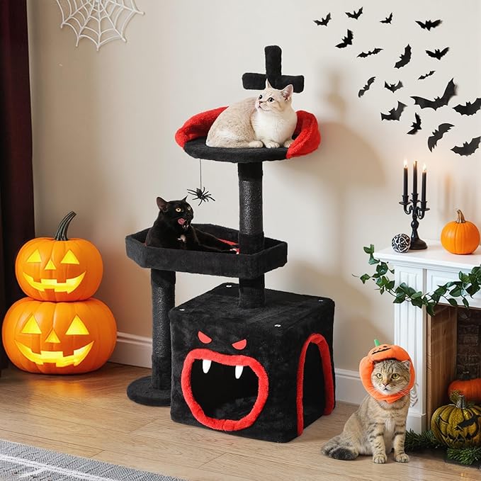 DWVO Gothic Halloween Cat Tree: 38.5in Tower with Coffin Bed, Top Perch, Spacious Condos, Spider Playthings for Indoor Cats Kittens