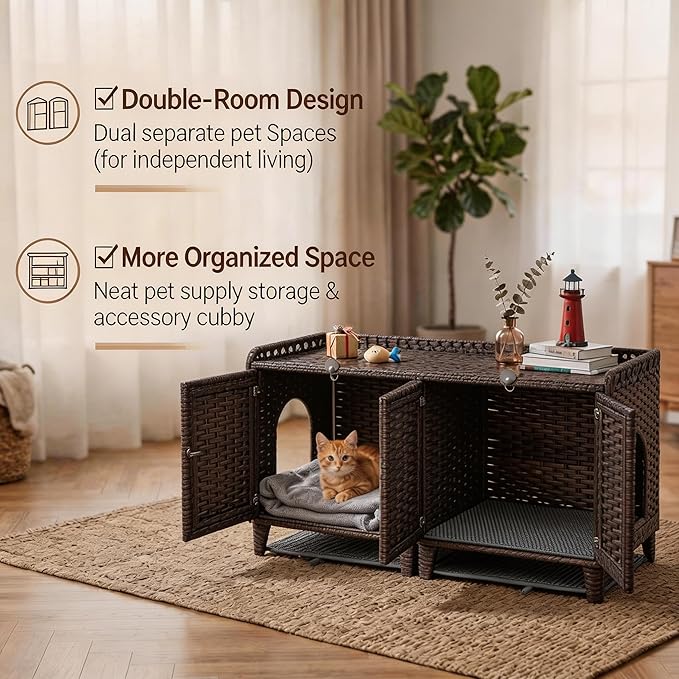 GarveeLife Cat Litter Box Enclosure Furniture, Handwoven Rattan Cat House, Hidden Cat Washroom Furniture with Door/Mat, Large Space Cat House with s-Shaped Hooks, Living Room, Bedroom
