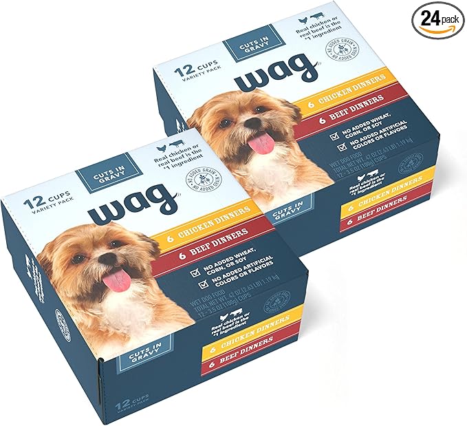 Amazon Brand – Wag Wet Dog Food Cups, Chicken & Beef in Gravy Variety Pack, 3.5oz, 24 Pack