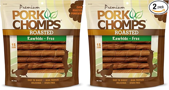 Pork Chomps Dog Chews, Roasted Pork Skin, 6-inch Twists | 15 Count | Pack of 2