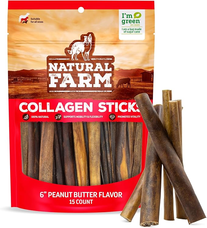 Natural Farm Peanut Butter Flavor Collagen Sticks for Dogs (6 Inch, 15 Pack), Long-Lasting Beef Collagen Sticks, Rawhide Alternative Chews with Chondroitin & Glucosamine, Low-Fat Dental Treats