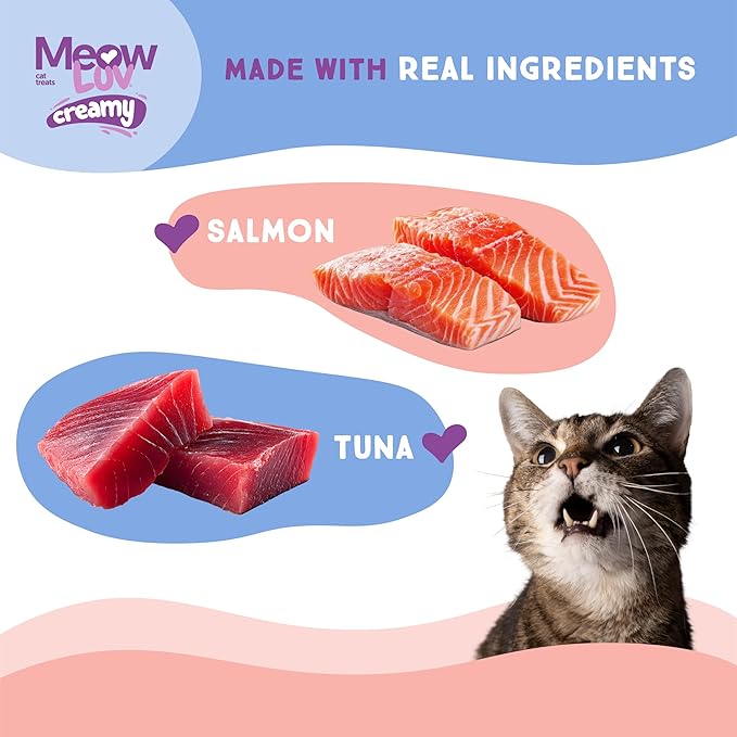 Meow Luv Lickable Cat Treats Variety Pack — Salmon & Tuna Squeeze Tubes — Carrageenan Free, No Artificial Preservatives — Prebiotic Fiber & L-Taurine — 0.5 oz Tubes, 10 Count (5 Salmon + 5 Tuna)