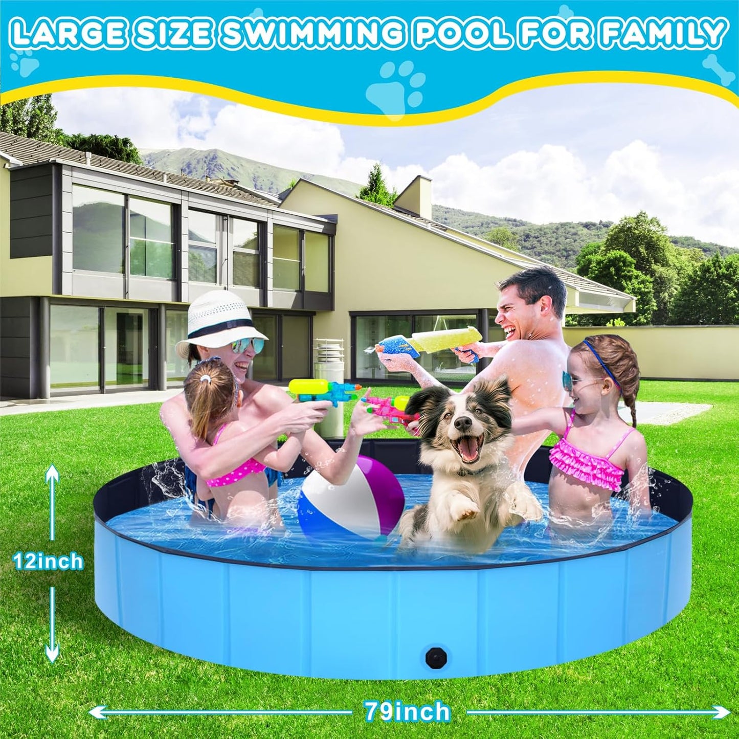 Foldable Dog Pool - 79" x 12" Anti-Slip Portable Dog Swimming Pool, Hard Plastic Collapsible Kiddie Pool for Outdoor and Indoor for Pets Dogs Cats and Kids