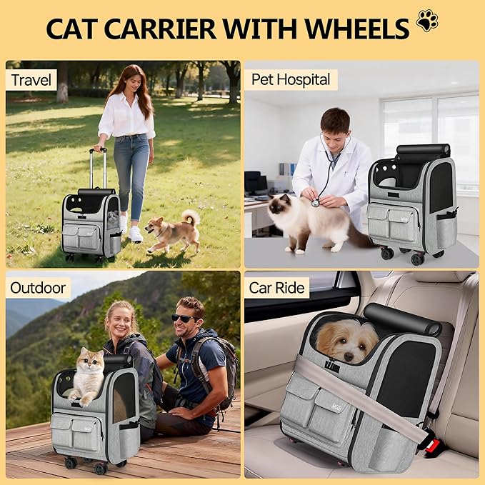 MGB Large Pet Carrier, Foldable Rolling Dog Carrier with Removable Wheels, Cat Rolling Bag 21.3"x15"x12.2" for 2 Cats & 1 Dog for Travel, Outdoor, Vet Visits, Camping, Indoor. Gray. (Not for Airline)