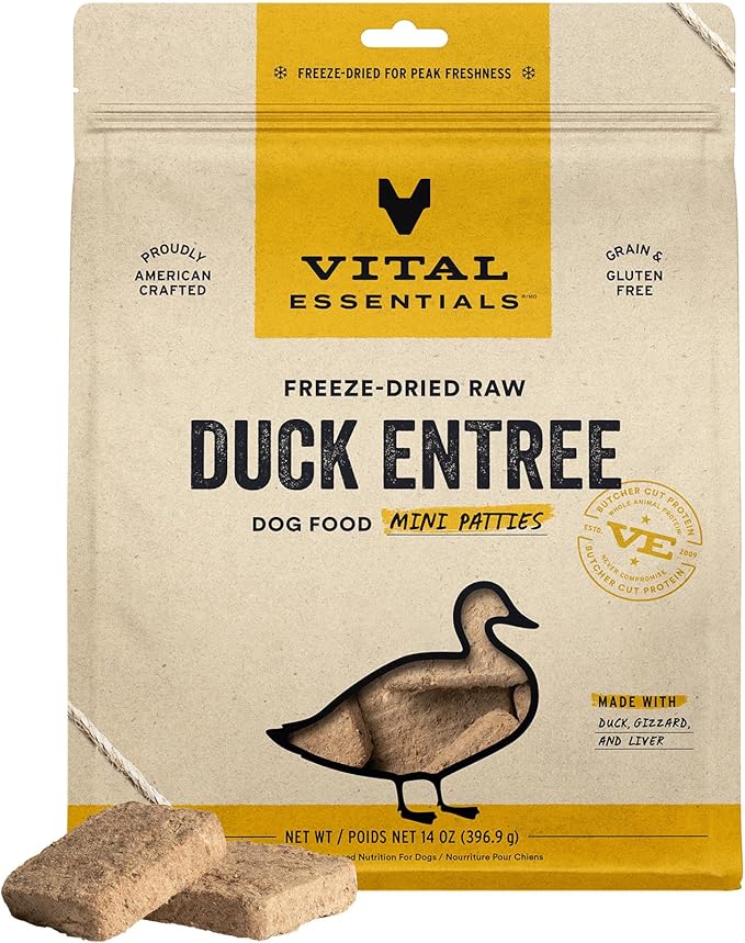 Vital Essentials Freeze Dried Dog Food, Raw Duck Mini Patties | Complete Meal or Topper | High Protein, Grain Free Dry Dog Food | 14 oz Bag