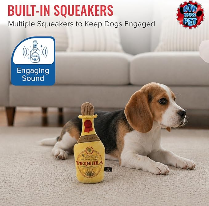 Bow Wow - Tequila Bottle Squeaky Plush Dog & Cat Toy | Funny Novelty Pet Toy with Crinkle Sound | Soft Chew Teeth Teasing Toy | Small to Medium Dogs & Cats | Interactive Indoor Plush Toy