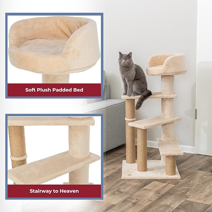 TRIXIE Tulia Senior Cat Tower – Cat Tree with Jute Wrapped Posts, Step-Style Platforms & Padded Top Bed – Comfortable Cat Furniture for Senior Indoor Cats – Beige, 20.1" x 20.1" x 40.2"