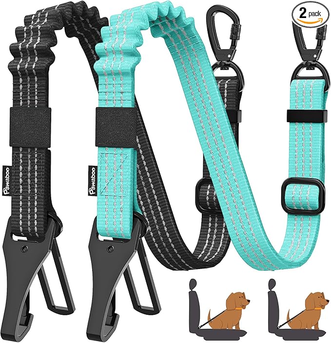 Pawaboo 2Pack Dog Seatbelt for Car, 3-in-1 Dog Car Seat Belt, Shockproof Dogs Tether with Buckle & Hook Latch, Adjustable Reflective Dogs Cars Leash with 360° Lockable Buckle, Lake Blue + Black