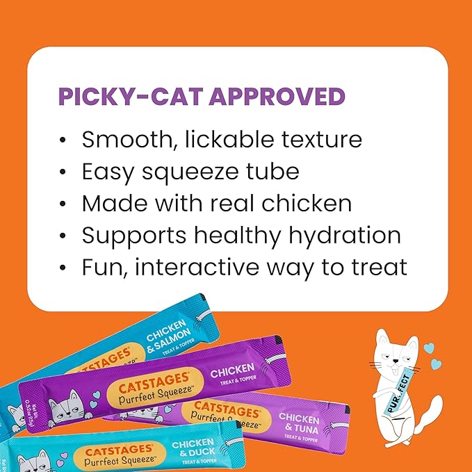 Catstages Purrfect Squeeze Lickable Cat Treats, Creamy Purée Squeezable Treat & Topper, 0.5 oz Tubes, 50-Count, 4-Flavor Variety Pack