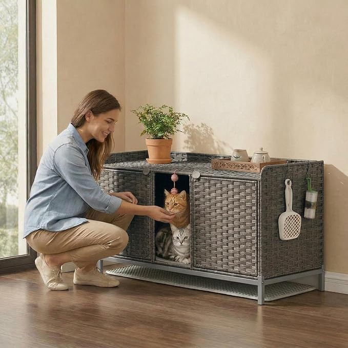 Garvee Cat Litter Box Enclosure Furniture, Handwoven Rattan Cat Houses, Hidden Cat Washroom Furniture with Door/Mat, Large Space Cat Houses with s-Shaped Hooks, Living Room, Bedroom, Gray