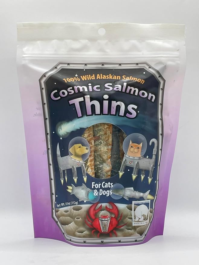 Cosmic Salmon Thins, Wild Alaskan Salmon Skin Treats, Air Dried, Single Ingredient, 4.0 oz, Made in Alaska