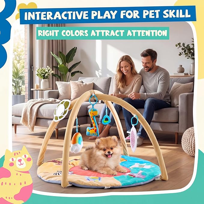Puppy Play Gym, Dog Cat Activity Mat with Squeaky Toys, Interactive Sensory Mat for Pets, 30 x 30 x 20 Inch, Suitable for Dogs Cats Exercise Napping