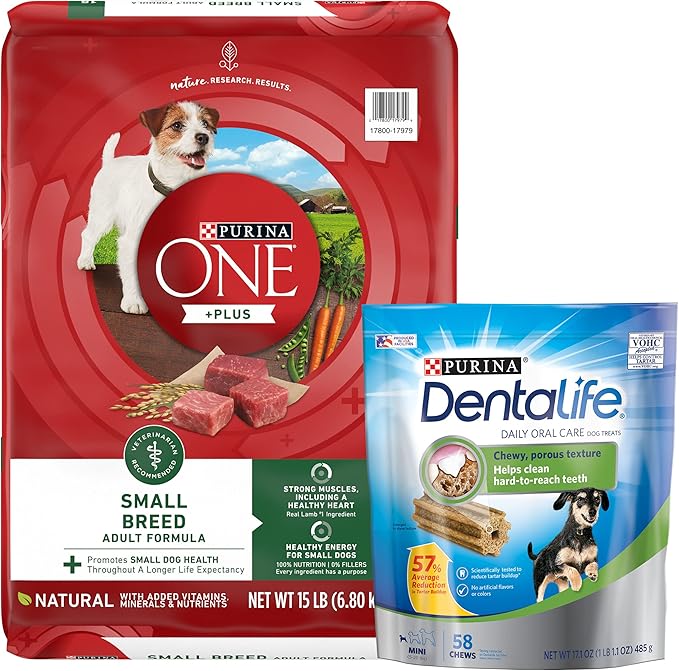Purina Bundle Pack Small Breed Dog Food and Treats, ONE +Plus Lamb and Rice Formula with DentaLife Daily Oral Care