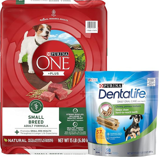 Purina Bundle Pack Small Breed Dog Food and Treats, ONE +Plus Lamb and Rice Formula with DentaLife Daily Oral Care