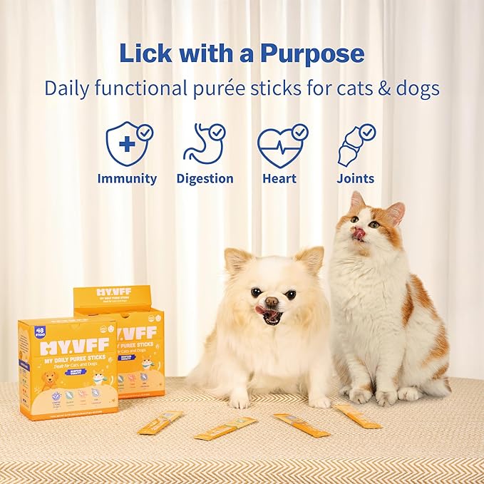 My Daily Puree Sticks for Cats & Dogs, 4 Healthy Lickable Treats – Vet-Formulated Cat Tube Treats & Dog Snacks with Taurine, Glucosamine, Omega-3 & Postbiotics, Made in Korea