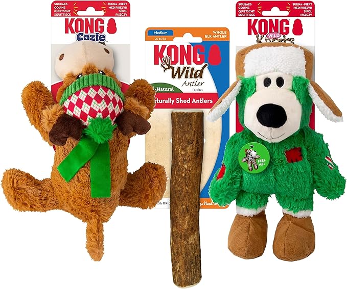 KONG Holiday Dog Toy Christmas Combo Pack – Wild Knots Bear, Whole Antler Chew, Cozie Reindeer (Medium/Large)