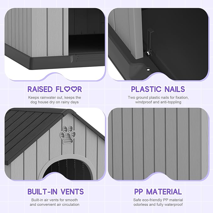 Bifanuo Large Dog House for Outdoor & Indoor, Waterproof Puppy Shelter with Air Vents & Elevated Floor, Easy Assemble Sturdy Dog Kennel for Large Dogs (Classic Black, 36.2''L×38''W×38''H)