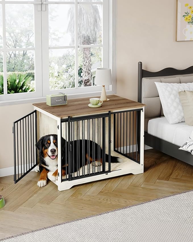 Hzuaneri 43.3" Dog Crate Furniture with Barn Door, Heavy Duty Dog Kennel Indoor with 2 Doors, Wooden Pet Cage End Table for Large Small Medium Dogs, Anti-Chew Anti-Escape, White Brown DFC92314B