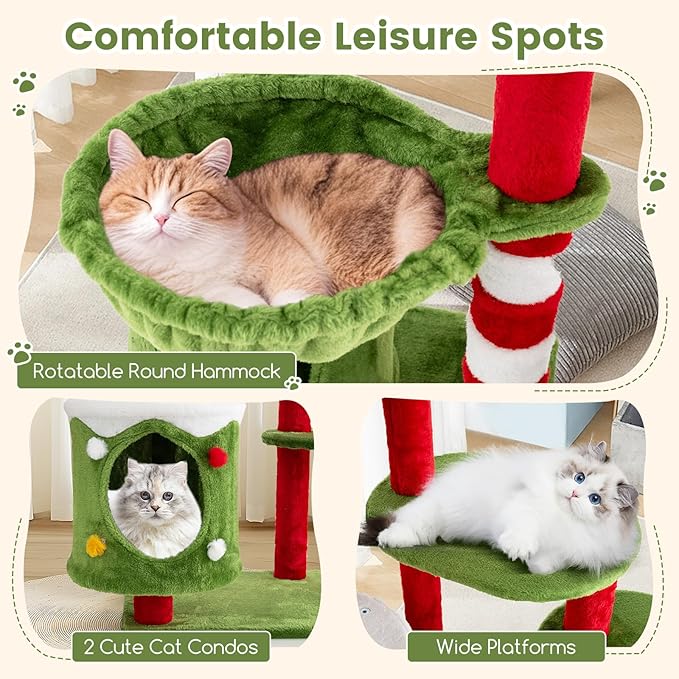 PETSITE 58 Inch Cat Christmas Tree, Multi-Level Cat Tower with 3 Cat Condos, Cat Self Groomer, Side Basket, Faux Christmas Tree, and Anti-Tipping Kit, Christmas-Themed Cat Tree for Indoor Cats