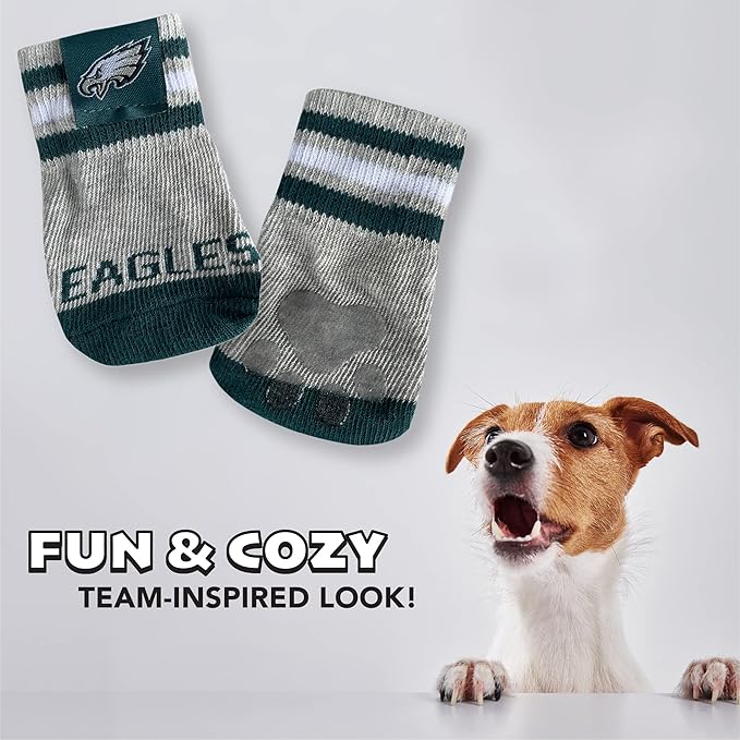 NFL Philadelphia Eagles Anti Slip Dog Socks with Elastic Ribbed Top, Size X-Small/Small. Indoor/Outdoor Socks, Best Dog Paw Protector, 2 Pairs, Cool Puppy Supplies with NFL Logo of Eagles Team
