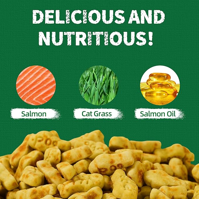 Just Try 13.4 OZ Cat Grass Treats Salmon Oil Natural Salmon Kitten Healthy Cat Treats Training Biscuits Snacks Fish Oil Omega 3 Supplements for Cats Joint Support & Skin Coat Health
