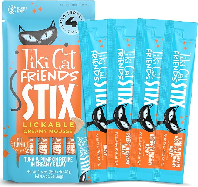 Tiki Cat Friends Stix Mousse Treats, Single Serve Lickable Treat or Dry Food Topper, with Tuna & Pumpkin in Gravy, 1.6 oz. Pouch