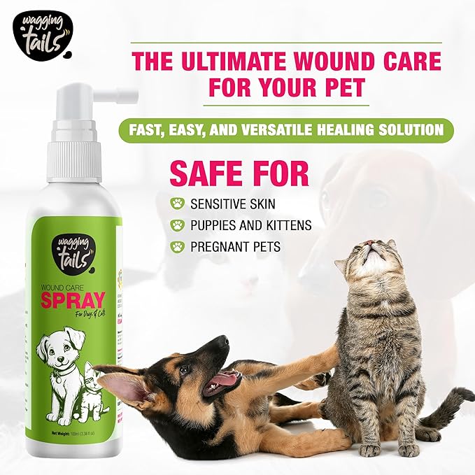 Wagging Tails Wound Care Spray for Dogs & Cats|Fast Healing for Minor Cuts,Scrapes,Hot Spots,Rashes|Soothes Skin Irritation & Insect Bites|Lick Safe,Repair Wound|3.38 oz