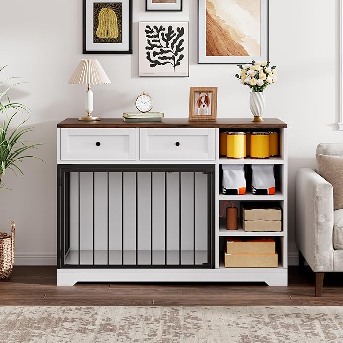 GarveeHome Dog Crate Furniture 47", Large Dog Crate TV Stand with 2 Drawers and 4 Shelves, Wooden Dog Kennel Indoor, Decorative Dog Cage with Storage for Large Dogs, White
