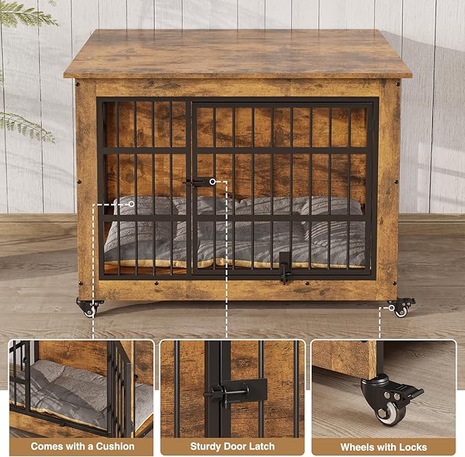 Halitaa 38.5" Dog Crate Furniture with Cushion and Wheels, Wooden Dog Kennel Indoor for Medium/Large Dogs, Farmhouse Pet Cage for Anxiety Dog, Rustic Brown (38.5" L x 25.5" W x 29" H)