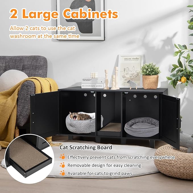 Giantex Cat Litter Box Enclosure - Cat Washroom Hidden Furniture with 2 Storage Cabinets, Removable Cat Scratcher, Air Vents, Detachable Legs, Wooden Pet Crate Indoor Cat House TV Stand (Black)