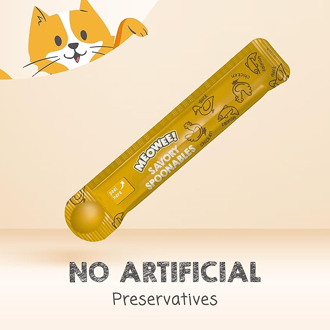 MEOWEE! Savory Spoonables with Real Chicken, Salmon and Duck for Cats, 8 Count, Treat Your Cat to Triple Flavor Squeezable Lickable Wet Treats with Built-in Spoon for Less Mess (Pack of 2)