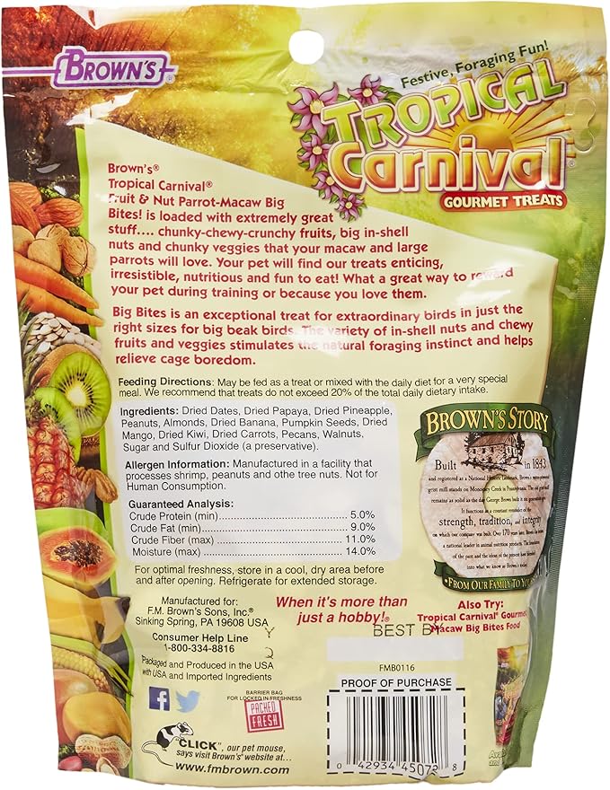 Tropical Carnival Brown’s Gourmet Macaw Bundle (2) Gourmet Macaw Big Bites Food for Big Beaks 14lb and Fruit & Nut Big Bites Treats. 10oz