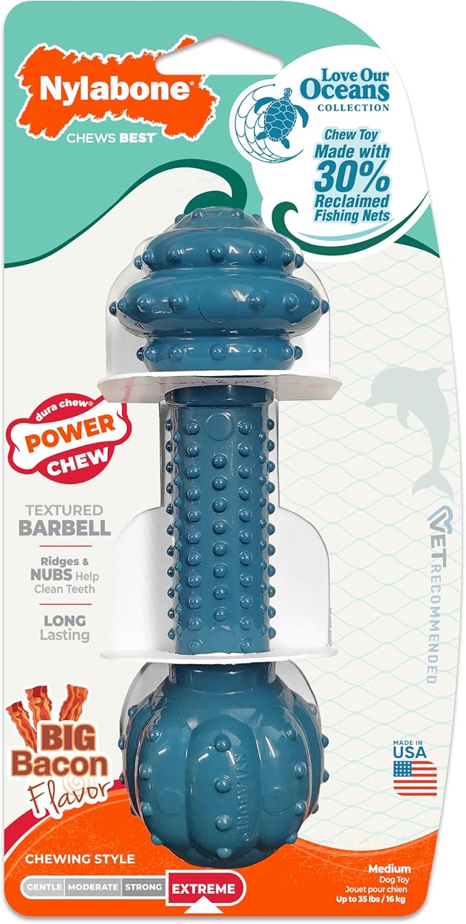 Nylabone Love Our Oceans Textured Barbell Power Chew Toy for Dogs, Recycled & Sustainable Chew Bones for Dogs, Dog Toys Made in USA, Bacon Flavor, Medium Dog Toys - Up to 35 lbs, 1 Count