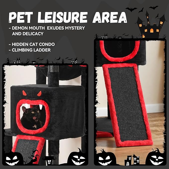 DWVO Gothic Halloween Cat Tree: 60in Tall Tower with Coffin Bed, Top Perch, Spacious Condos, Spider Playthings, Comfy Basket & Scratching Ladder for Indoor Large Cats Kittens, Black & Red