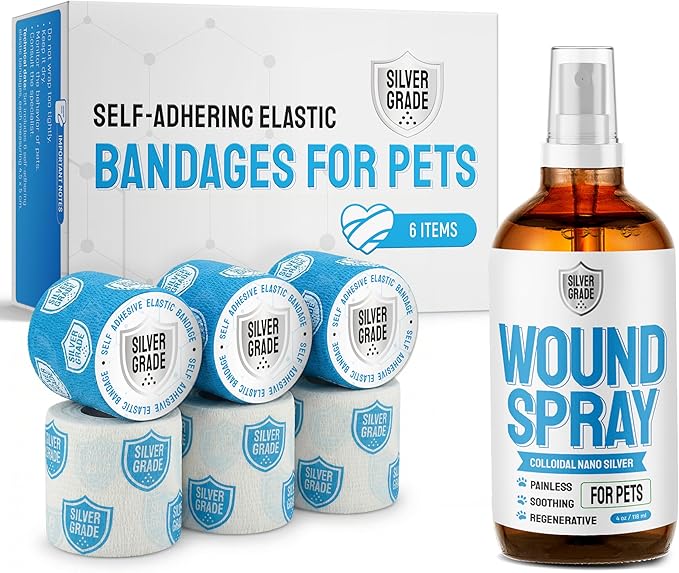 Wound Spray for Pets + 6 Elastic Self-Adhering Bandages – All Skin Moments Care with Colloidal Silver – Cleansing Properties & Protection from Licking and Scratching – 4-oz Bottle
