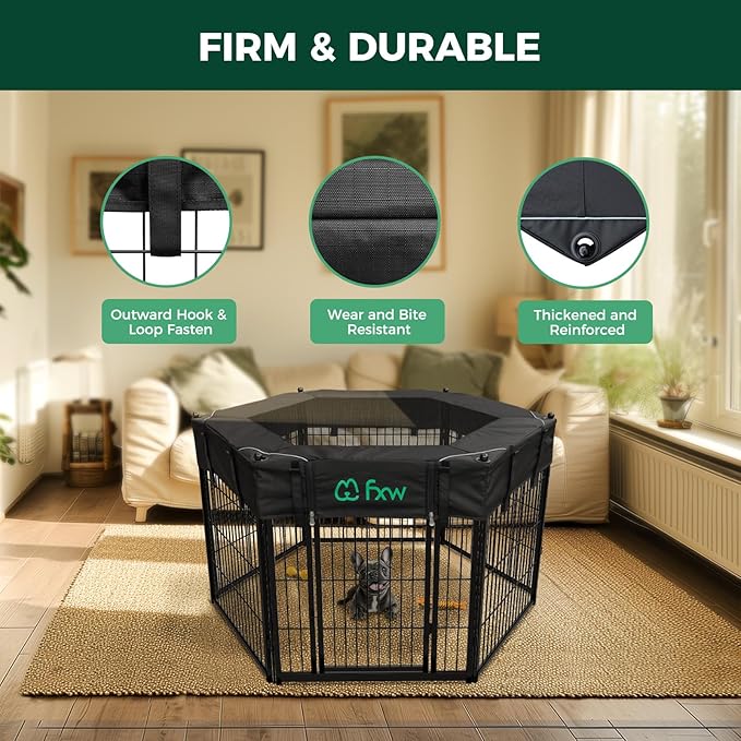 FXW Homeplus Indoor Dog Playpen with Hexagon Mesh Top Cover for Escape Prevention, 32 Inch 6 Panels Heavy Duty Dog Pen for Small and Medium Dogs, Black│Patented