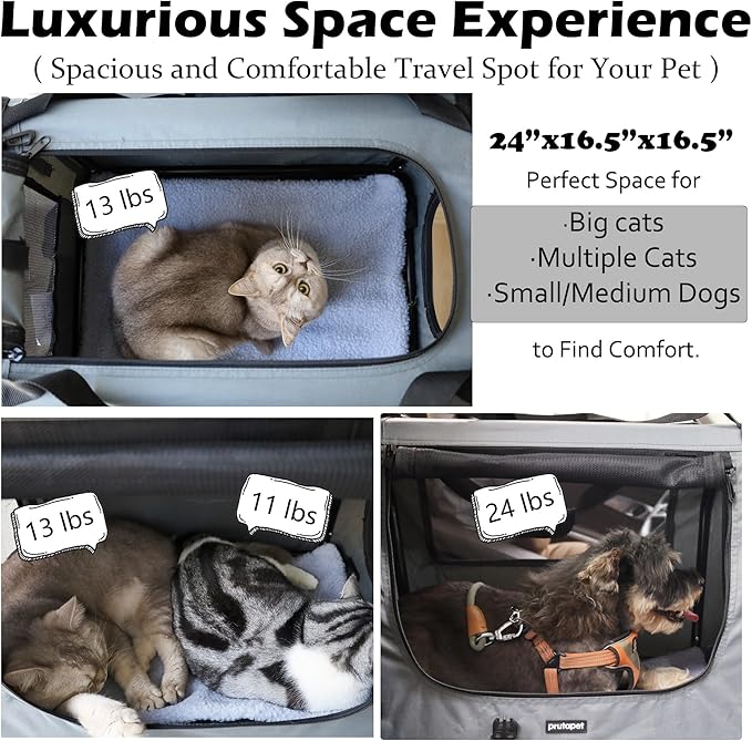 Prutapet Large Cat Carrier 24"x16.5"x16.5" Soft-Sided Portable Pet Crate for Car Traveling with Collapsible Litter Box and Bowl