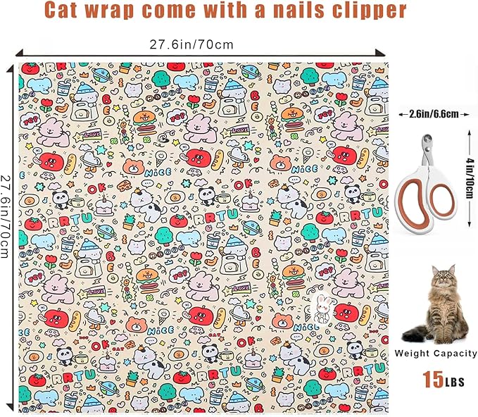 Cat Wrap for Cutting Nails, Self-Adhesive Cat Grooming Wrap Anti-Escape Anti-Scratch Calming Cat Swaddle Wrap for Nail Clipping, Medicine, Ear Cleaning, Multifuctional Pet Tool for Cat-Owner, Vet